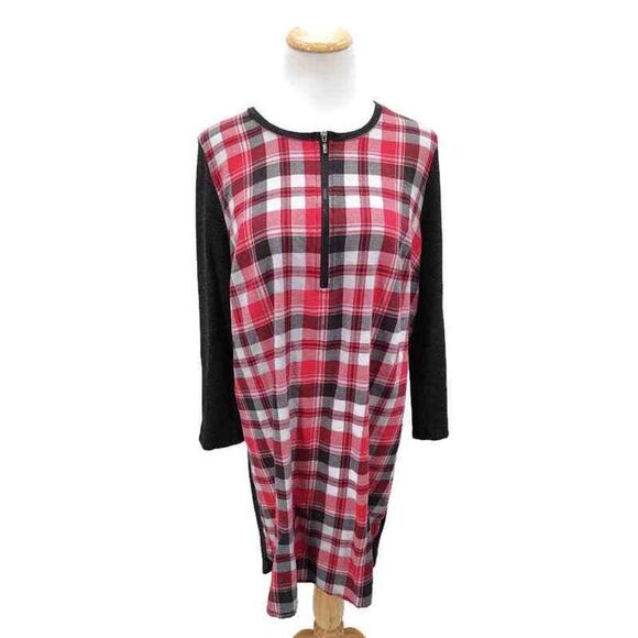 Bass mixed material red plaid front shift Style Long Sleeve dress in size XL - Picture 1 of 3